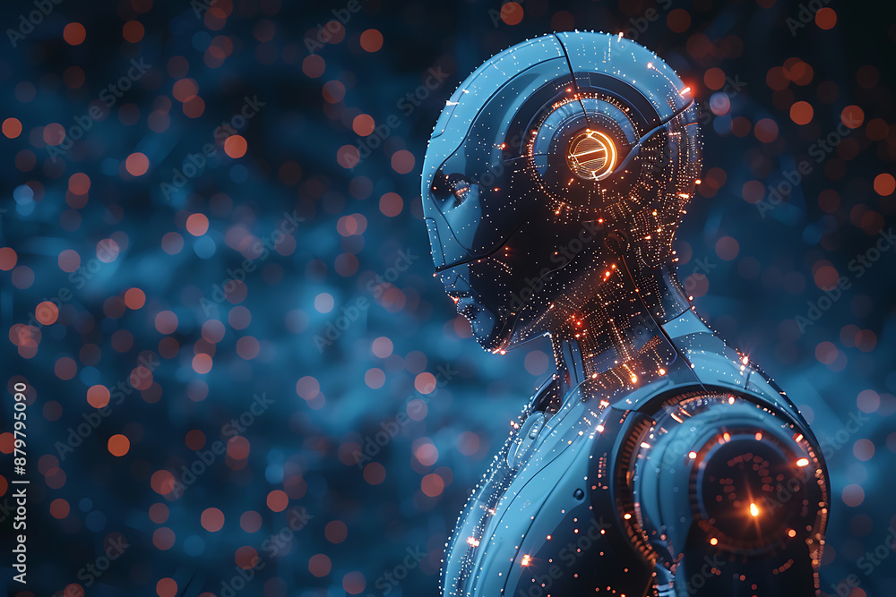Poster futuristic mech or robot or android made in the wireframe style on a dark blue background