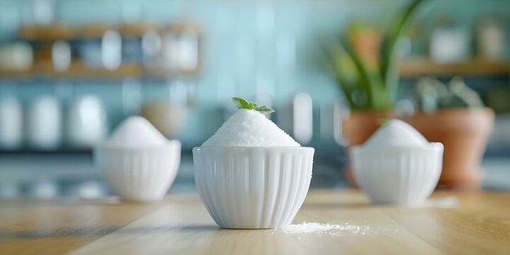 Types of Artificial Sweeteners commonly used in food products. Concept Aspartame, Sucralose, Saccharin, Stevia, Acesulfame potassium