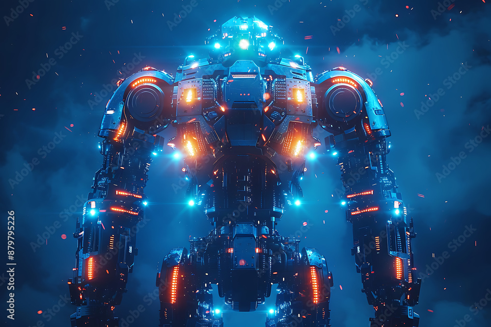 Poster futuristic mech or robot or android made in the wireframe style on a dark blue background
