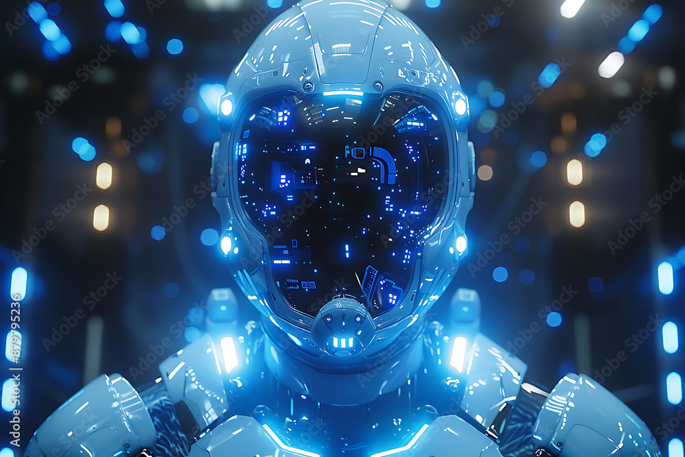 Poster futuristic mech or robot or android made in the wireframe style on a dark blue background