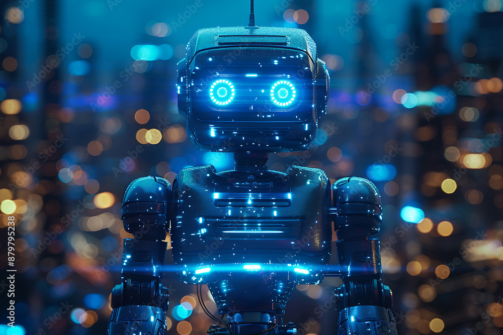 Poster futuristic mech or robot or android made in the wireframe style on a dark blue background