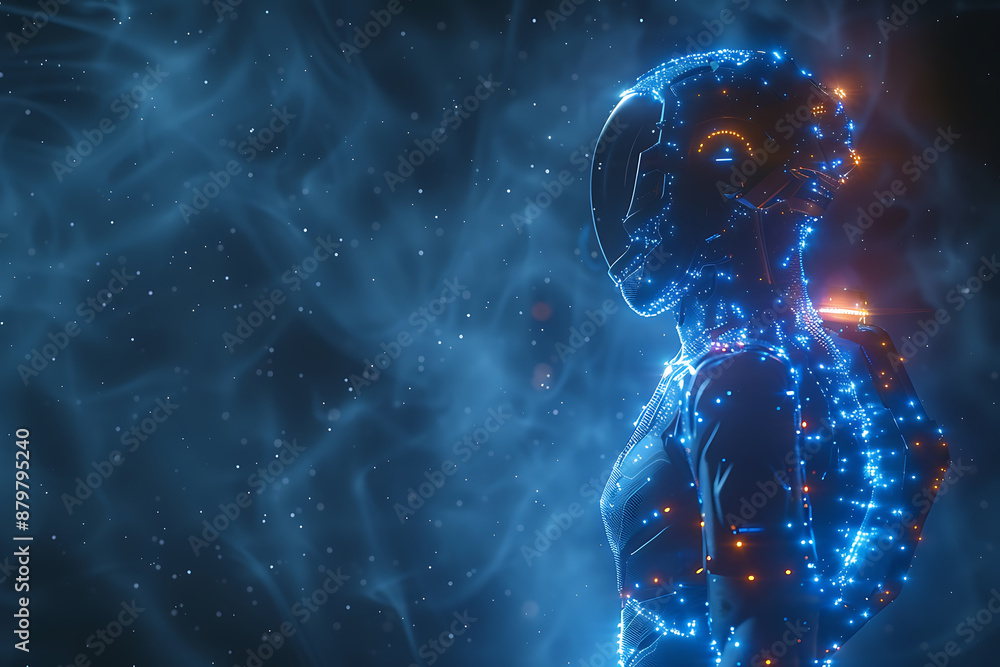 Poster futuristic mech or robot or android made in the wireframe style on a dark blue background