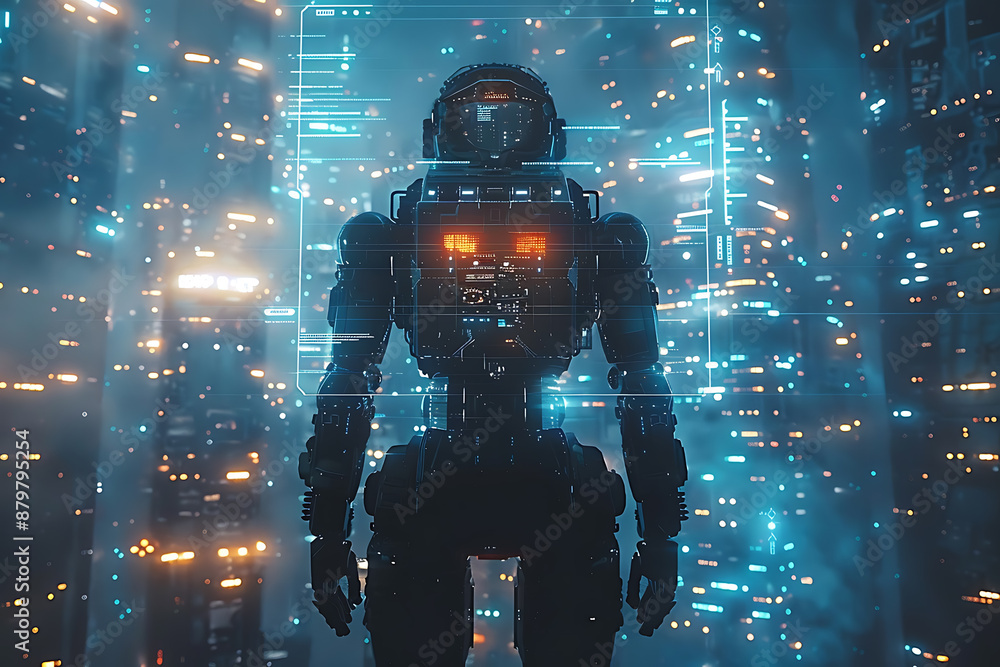 Poster futuristic mech or robot or android made in the wireframe style on a dark blue background