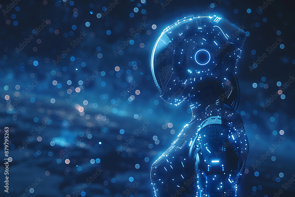 Poster futuristic mech or robot or android made in the wireframe style on a dark blue background