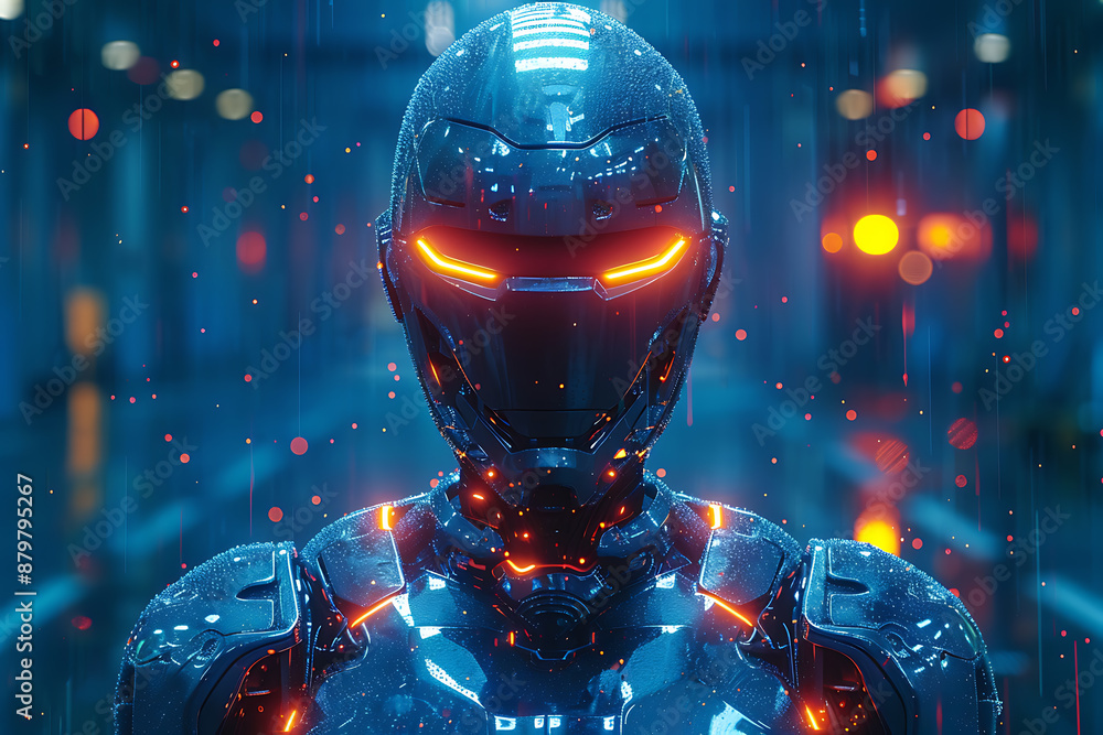 Poster futuristic mech or robot or android made in the wireframe style on a dark blue background