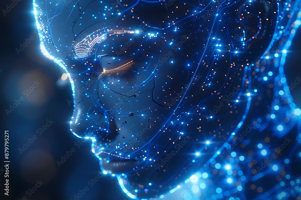 Poster futuristic mech or robot or android made in the wireframe style on a dark blue background