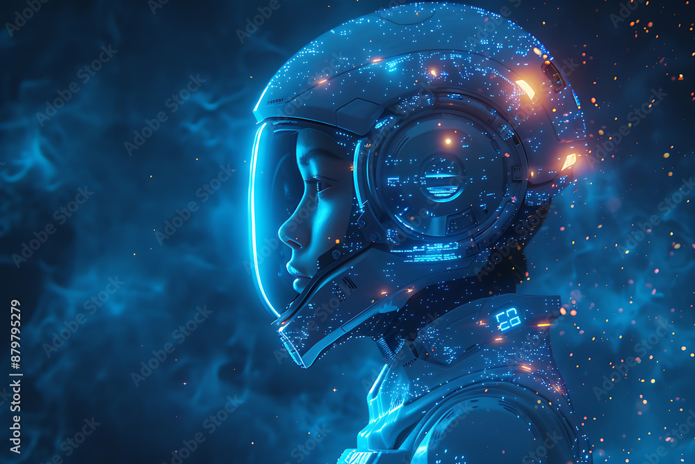 Poster futuristic mech or robot or android made in the wireframe style on a dark blue background