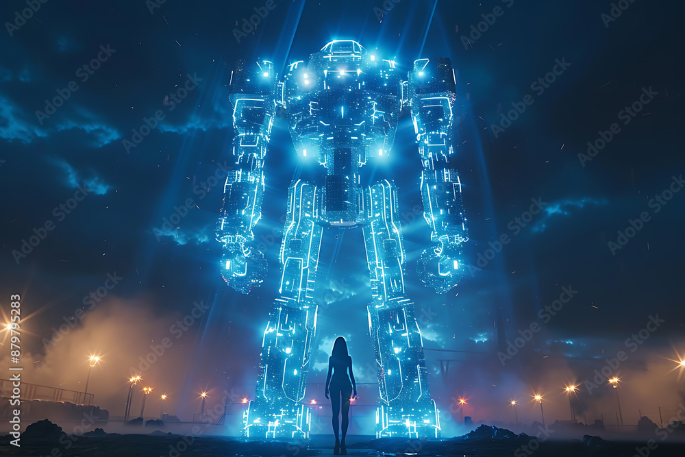 Poster futuristic mech or robot or android made in the wireframe style on a dark blue background