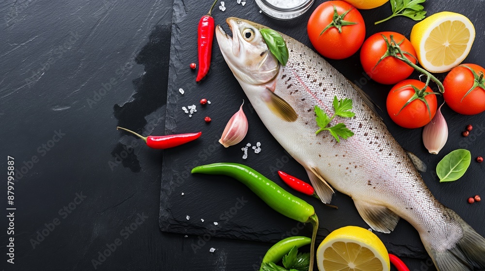 Poster A fish is on a table with a variety of vegetables including tomatoes, peppers, and lemon. The fish is surrounded by a colorful array of vegetables, creating a vibrant and appetizing scene