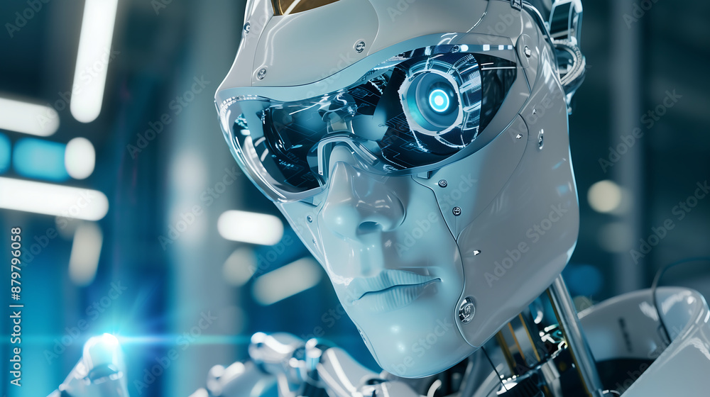 Poster close up of a white humanoid robot with glasses looking at the camera, in a blue and silver high-tec