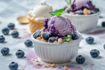 Blueberry cobbler and ice cream in ramekin on light surface