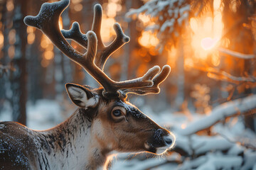 Winter majestic reindeer antlers crowned with ice crystals glowing sunkissed cinematic photo