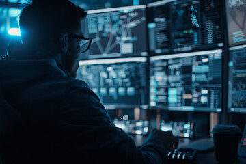 Skilled IT specialist in a dark room dedicated to developing a cutting-edge project aimed at fortifying the protection of customer information within the System Management Center. 
