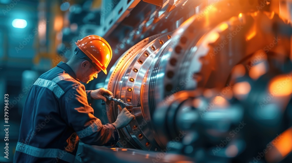 Poster smart engineer checking iron machine in factory while wearing safety helmet. professional industrial