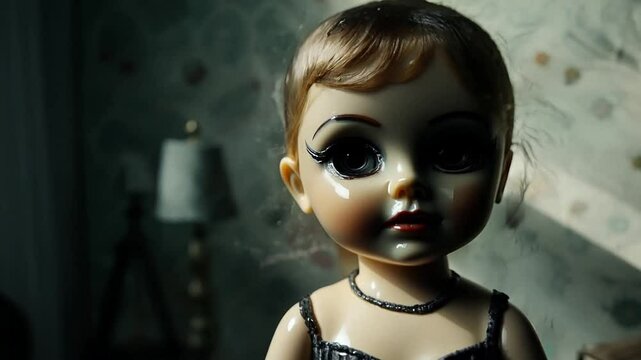 A really creepy doll stands in a vintage room with old wallpaper.
