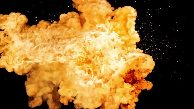 Slow motion of a small ball exploding in a fireball on a black background
.