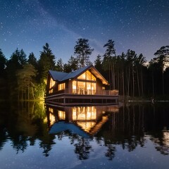 Obraz premium house on the lake at night