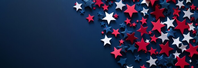 Red, white, and blue star decorations on a dark blue background