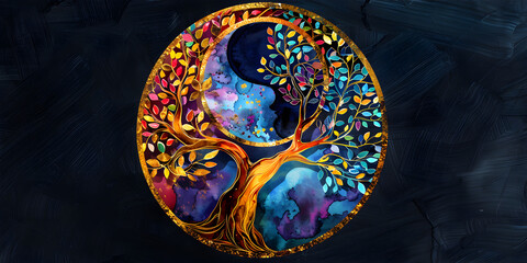 Naklejka premium Yin-Yang Tree on Abstract Background