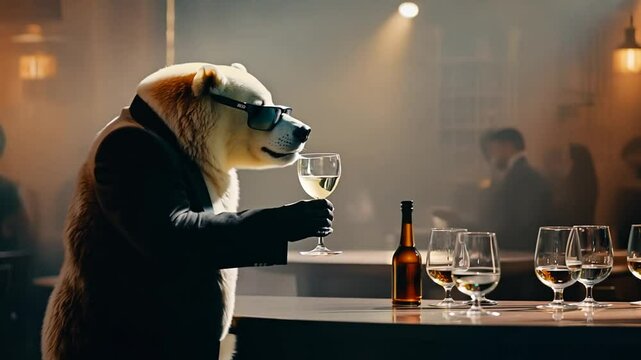 Bear In Suit Sipping Wine At A Bar Generative AI