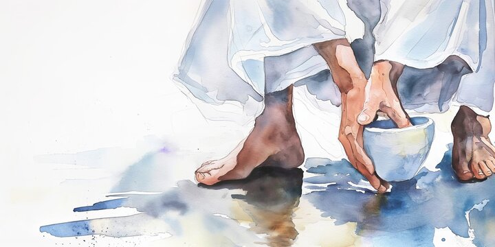 The Solemn Washing of Feet on Holy Thursday. New Testament. Watercolor Biblical Illustration.