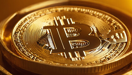A close-up shot of a gold bitcoin coin, showcasing the intricate design and detail of the cryptocurrency