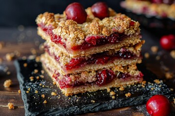 Cherry crumble squares stacked on board