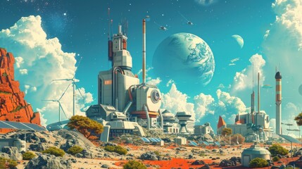 Obraz premium Futuristic energy farm, solar panels, wind turbines, energy storage, eco-friendly.
