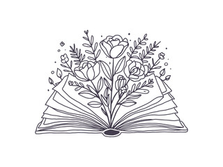 Line Art open book with flowers and roses emerging from اts pages