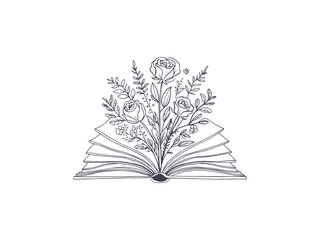 Line Art open book with flowers and roses emerging from اts pages