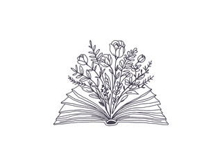 Line Art open book with flowers and roses emerging from اts pages