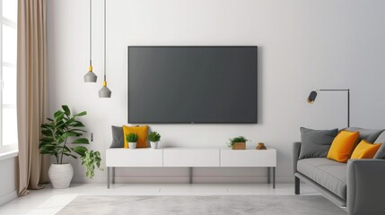 A contemporary flat screen TV mounted on the wall, providing a blank canvas in a minimalist living room design.