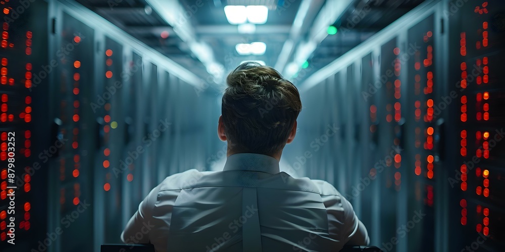 Poster monitoring computer servers for data security in a high-tech facility cybersecurity specialist's rol