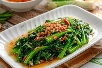 Chinese broccoli stir fried with salted fish and oyster sauce on plate