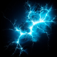 Bright turquoise lightning bolt on a black stormy sky, electric lighting design