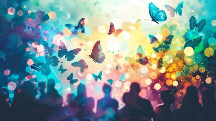 Silhouettes and butterflies in colorful lights. Abstract background with silhouettes of people and flying butterflies in a bright, colorful, and magical atmosphere.