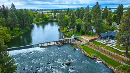 Aerial View of Suburban River Recirculating Currents and Spillway © Nicholas J. Klein