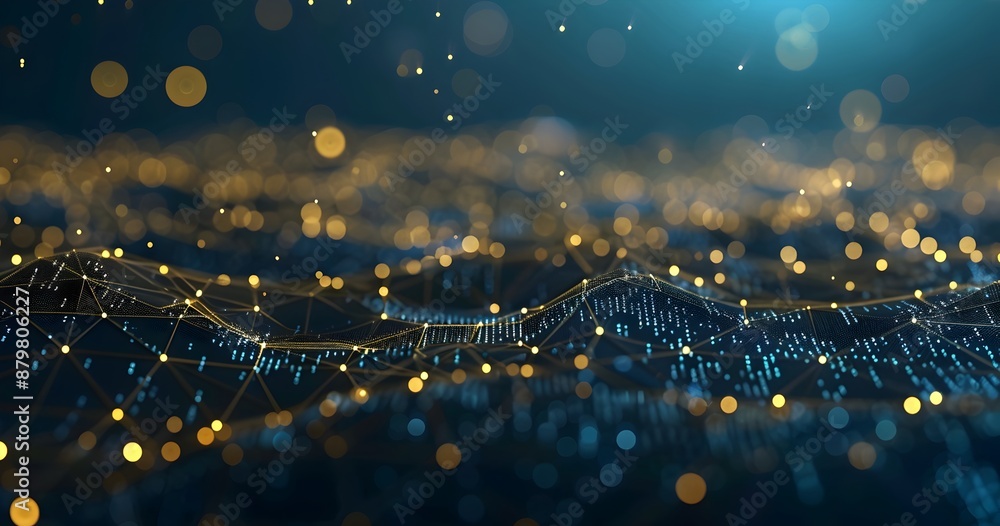 Poster A dark blue background with golden low poly lines and dots representing the blockchain, creating an abstract digital network concept
