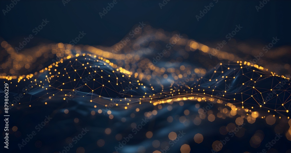 Poster a dark blue background with golden low poly lines and dots representing the blockchain, creating an 
