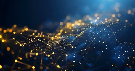Obraz premium A dark blue background with golden low poly lines and dots representing the blockchain, creating an abstract digital network concept