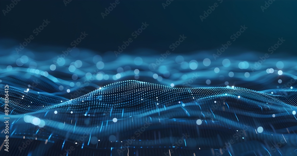Poster A digital network of interconnected dots and lines, representing the complex web behind artificial intelligence. The background is dark blue with subtle orange highlights to highlight details in yello