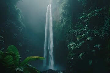 Obraz premium Serene tropical waterfall cascading into a lush, green jungle oasis.