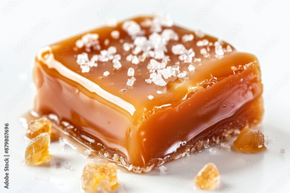 Canvas Prints Close up of one piece of salted caramel candy with sauce and salt crystals on white background