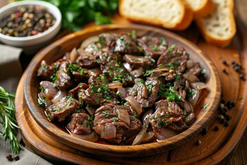 Close up of homemade fried beef liver with onions and herbs on a wooden tray on table