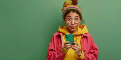 Fototapeta premium A person holding a cell phone in a pink jacket, suitable for use in various scenarios such as commuting, outdoors or lifestyle imagery