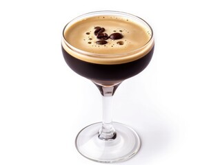 A glass filled with freshly brewed coffee and surrounded by coffee beans