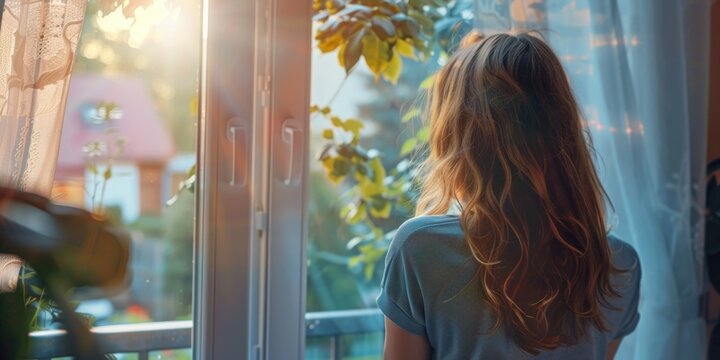 A woman gazing out a window at the sun, inspiring shot for inspirational quotes and motivation
