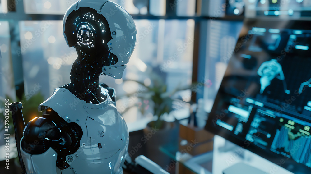 Aufkleber futuristic ai robot with a sleek, white exterior and illuminated circuits sits in a high-tech office
