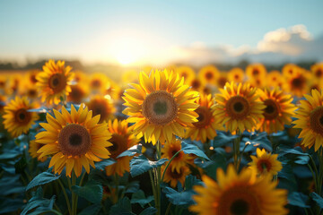 Obraz premium A vibrant field of sunflowers under a clear blue sky.generative ai