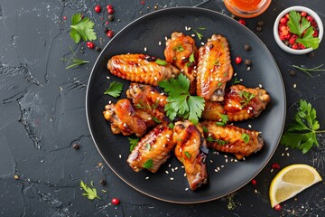 Close up top view of honey soy chicken wings on dark stone plate